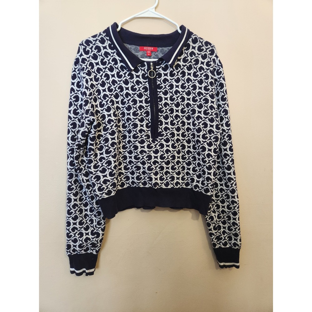 Guess Los Angeles Navy Blue Monogram Quarter Zip Cropped‎ Sweater Womens XL